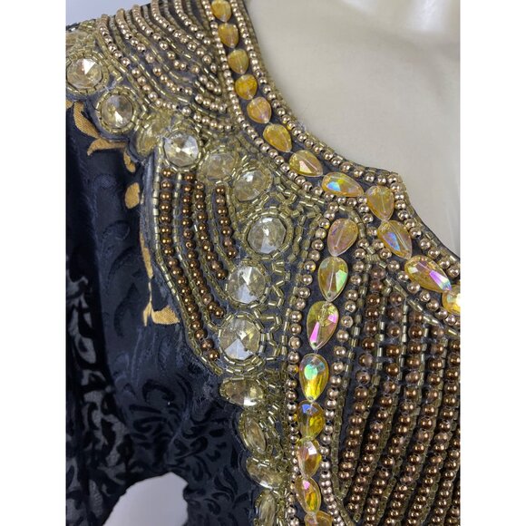Embellished Black & Gold Kaftan Dress W/ Intricate Beading & Tie-Back Waist Sz M - Picture 9 of 12